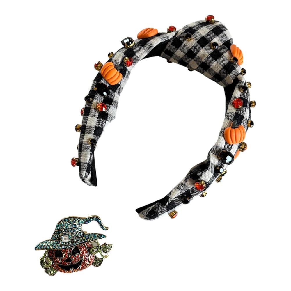 Halloween Holiday Charm Headband and Pin Bundle Rhinestones Plaid Pumpkins